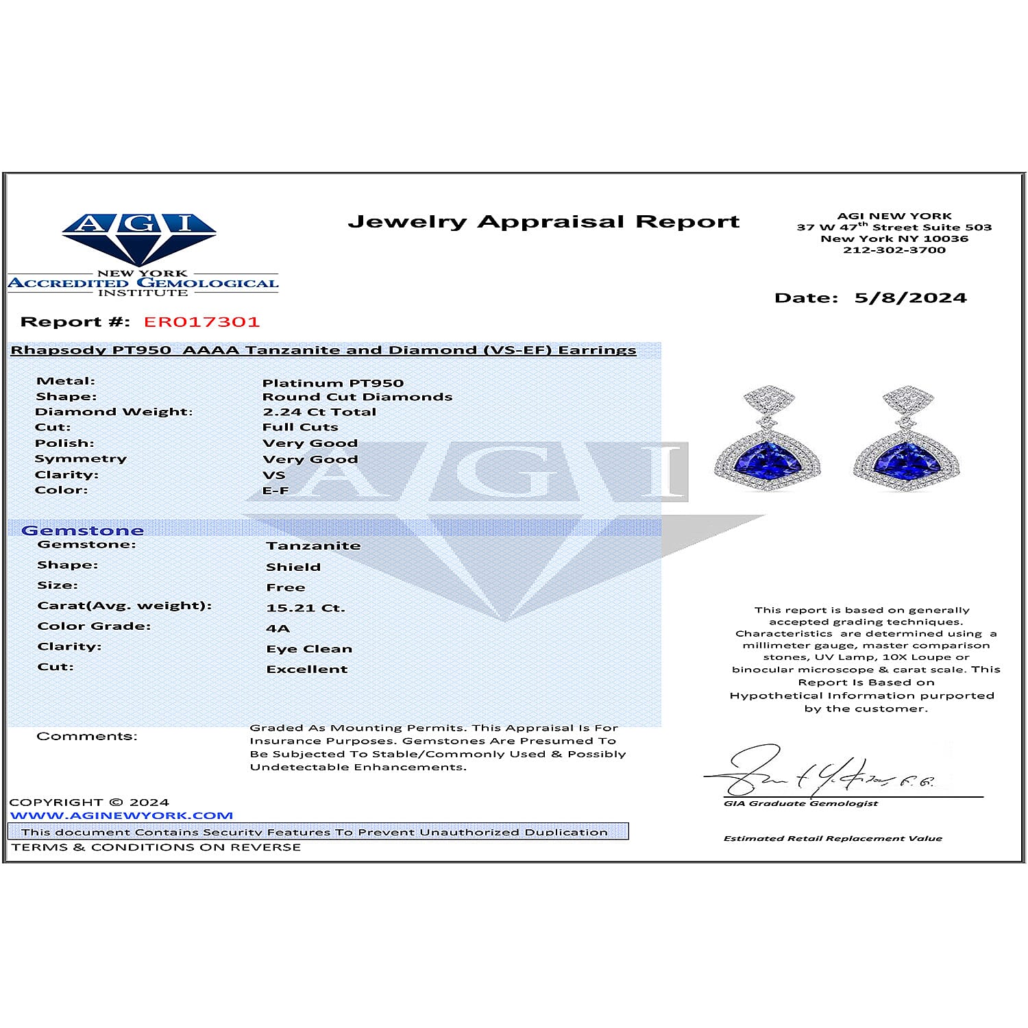 Chairmans Vault Collection - Certified and Appraised RHAPSODY 950 Platinum AAAA Tanzanite, Diamond  (VS-E-F) Earrings 17.45 ct. Pt. Wt. 18.29 Grams