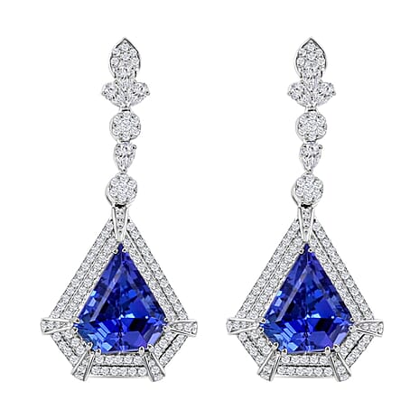 Certified and Appraised RHAPSODY 950 Platinum AAAA Tanzanite and E-F VS Diamond Earrings 16.35 ct.