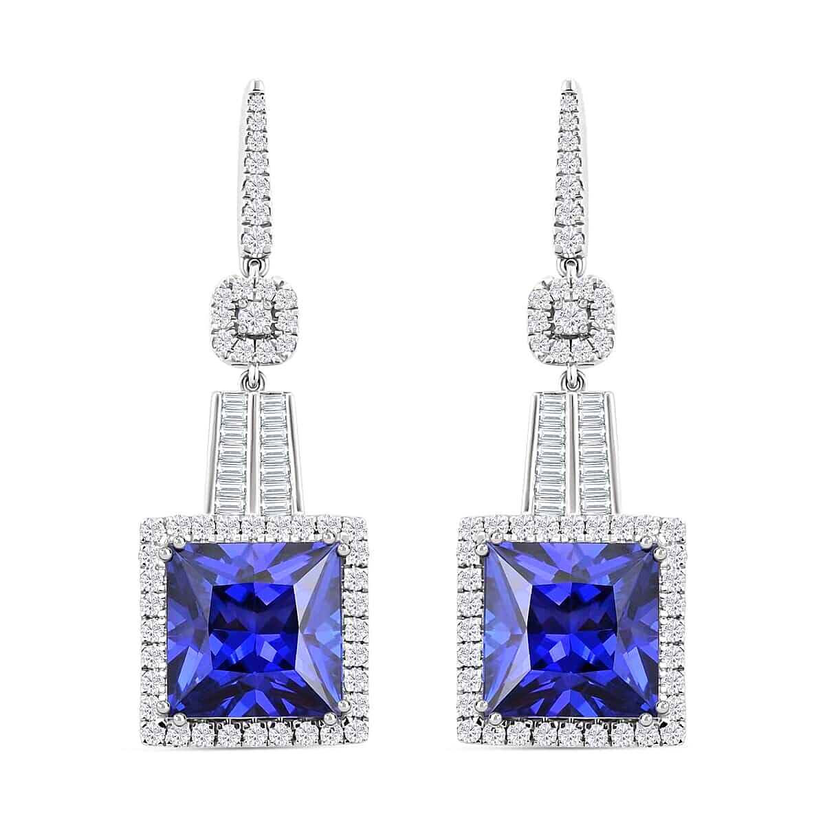 Certified and Appraised RHAPSODY 950 Platinum Princess Cut AAAA Tanzanite, Diamond Earrings 24.05 Ct