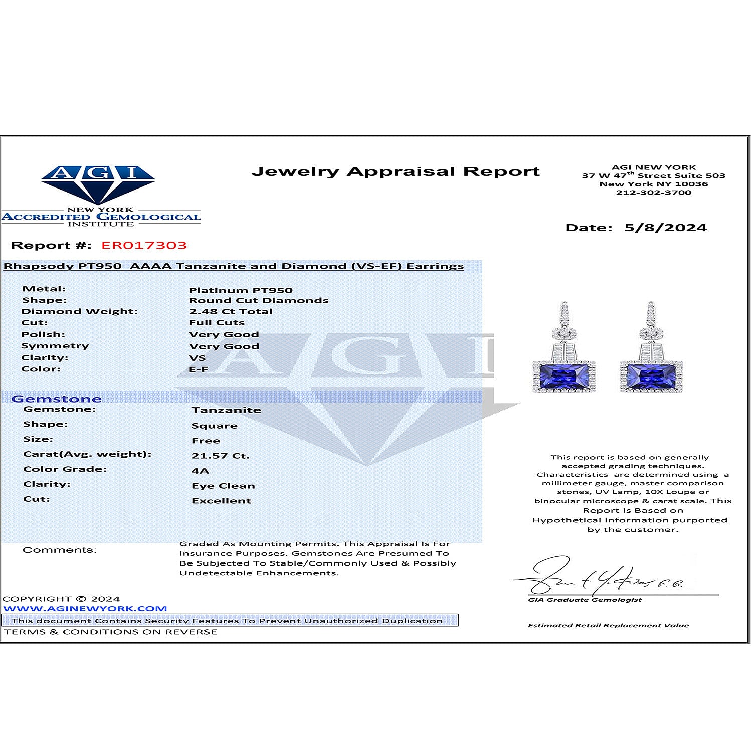 Certified and Appraised RHAPSODY 950 Platinum Princess Cut AAAA Tanzanite, Diamond Earrings 24.05 Ct