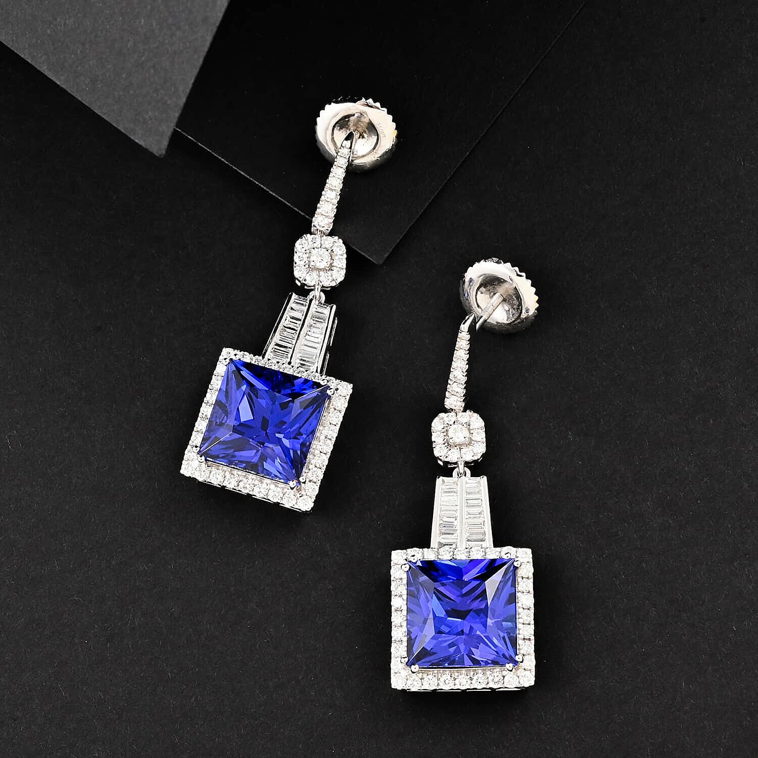 Certified and Appraised RHAPSODY 950 Platinum Princess Cut AAAA Tanzanite, Diamond Earrings 24.05 Ct