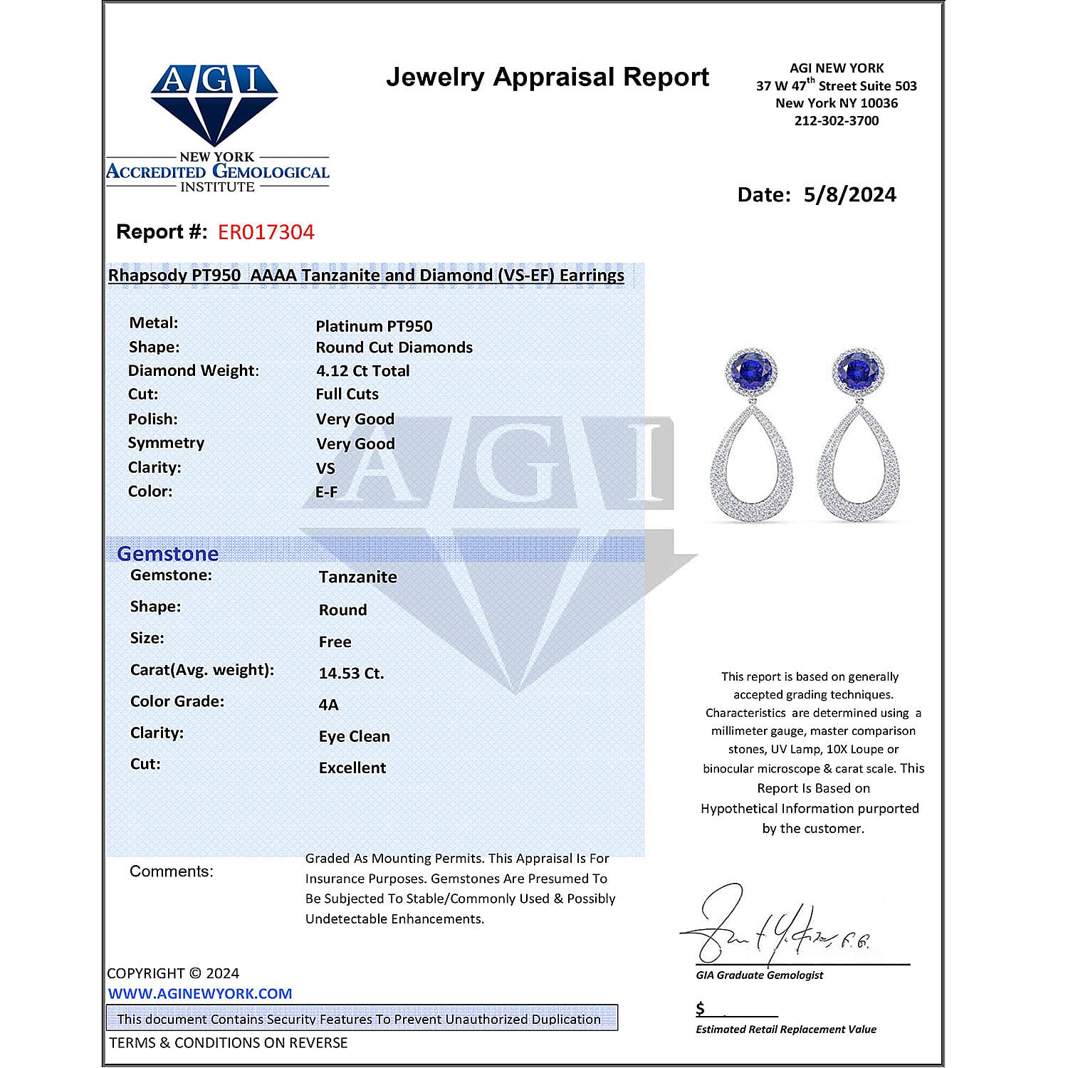 Certified and Appraised RHAPSODY 950 Platinum AAAA Tanzanite, E-F VS Diamond Earrings 18.65 ct.