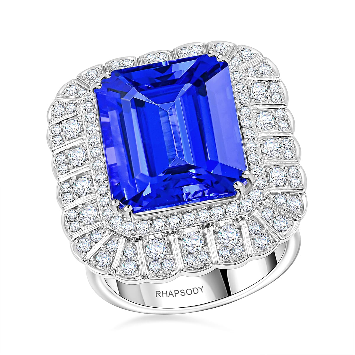 Certified and Appraised RHAPSODY 950 Platinum AAAA Tanzanite, E-F VS Diamond Halo Ring 17.60 Ct