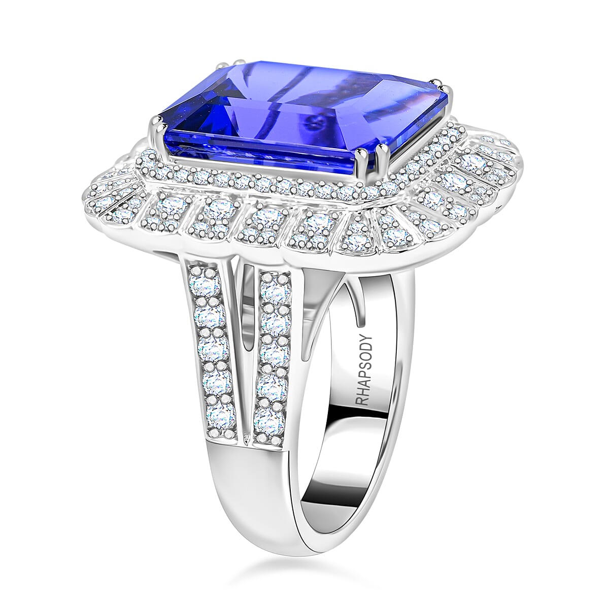 Certified and Appraised RHAPSODY 950 Platinum AAAA Tanzanite, E-F VS Diamond Halo Ring 17.60 Ct