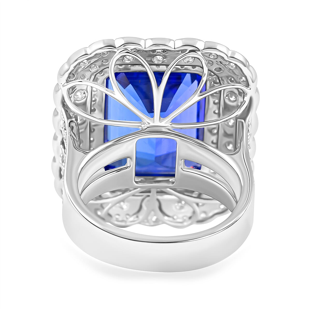 Certified and Appraised RHAPSODY 950 Platinum AAAA Tanzanite, E-F VS Diamond Halo Ring 17.60 Ct