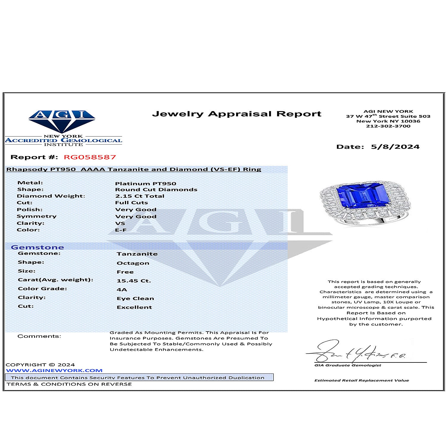 Certified and Appraised RHAPSODY 950 Platinum AAAA Tanzanite, E-F VS Diamond Halo Ring 17.60 Ct