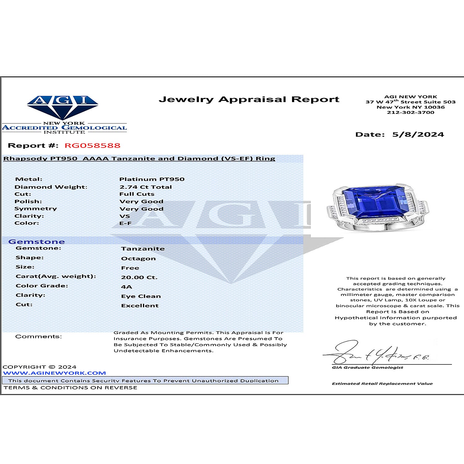 Certified and Appraised RHAPSODY 950 Platinum AAAA Tanzanite and White Diamond  VS Ring 22.73 ct.