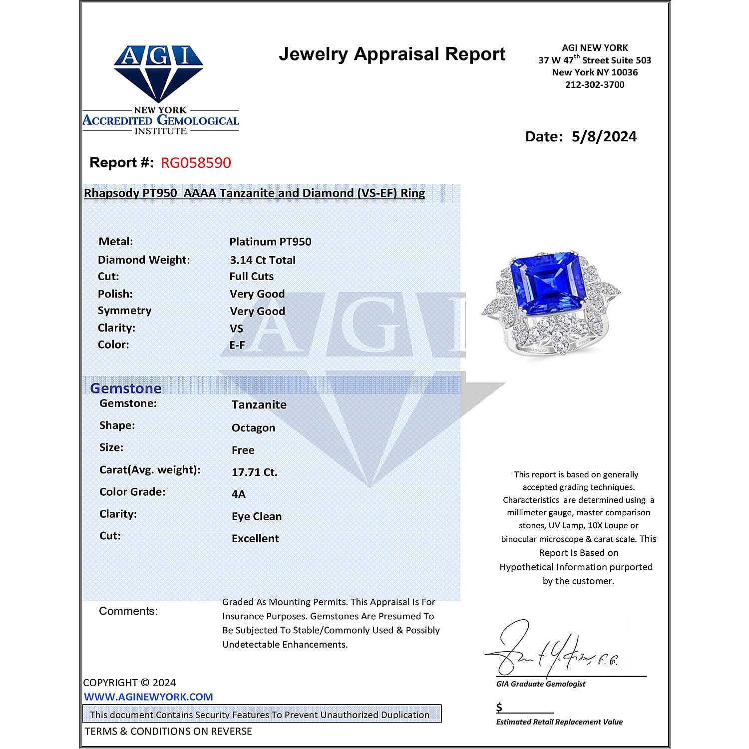 Certified and Appraised RHAPSODY 950 Platinum AAAA Tanzanite and E-F VS Diamond Ring 20.85 ct