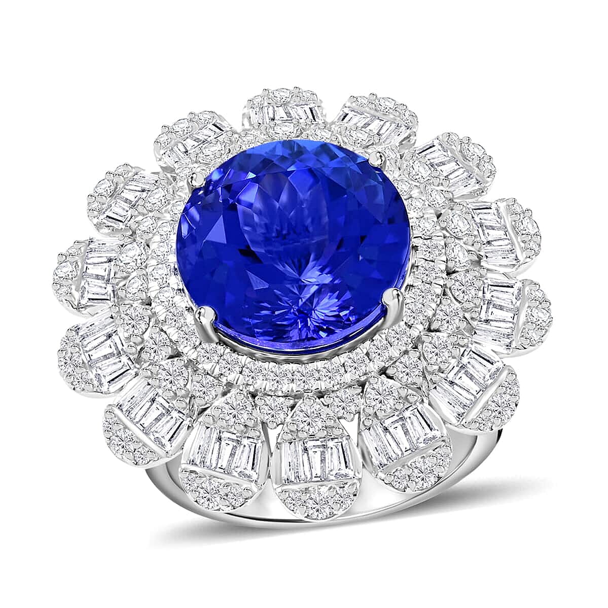 Certified and Appraised RHAPSODY 950 Platinum AGI Certified AAAA Tanzanite & (VS-E-F) White Diamond Ring 13.71 Ct, Platinum Wt. 19.00 Gms.