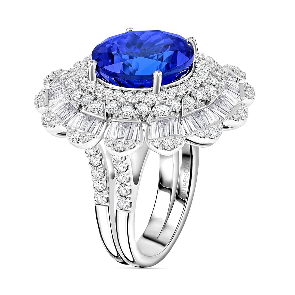 Certified and Appraised RHAPSODY 950 Platinum AGI Certified AAAA Tanzanite & (VS-E-F) White Diamond Ring 13.71 Ct, Platinum Wt. 19.00 Gms.