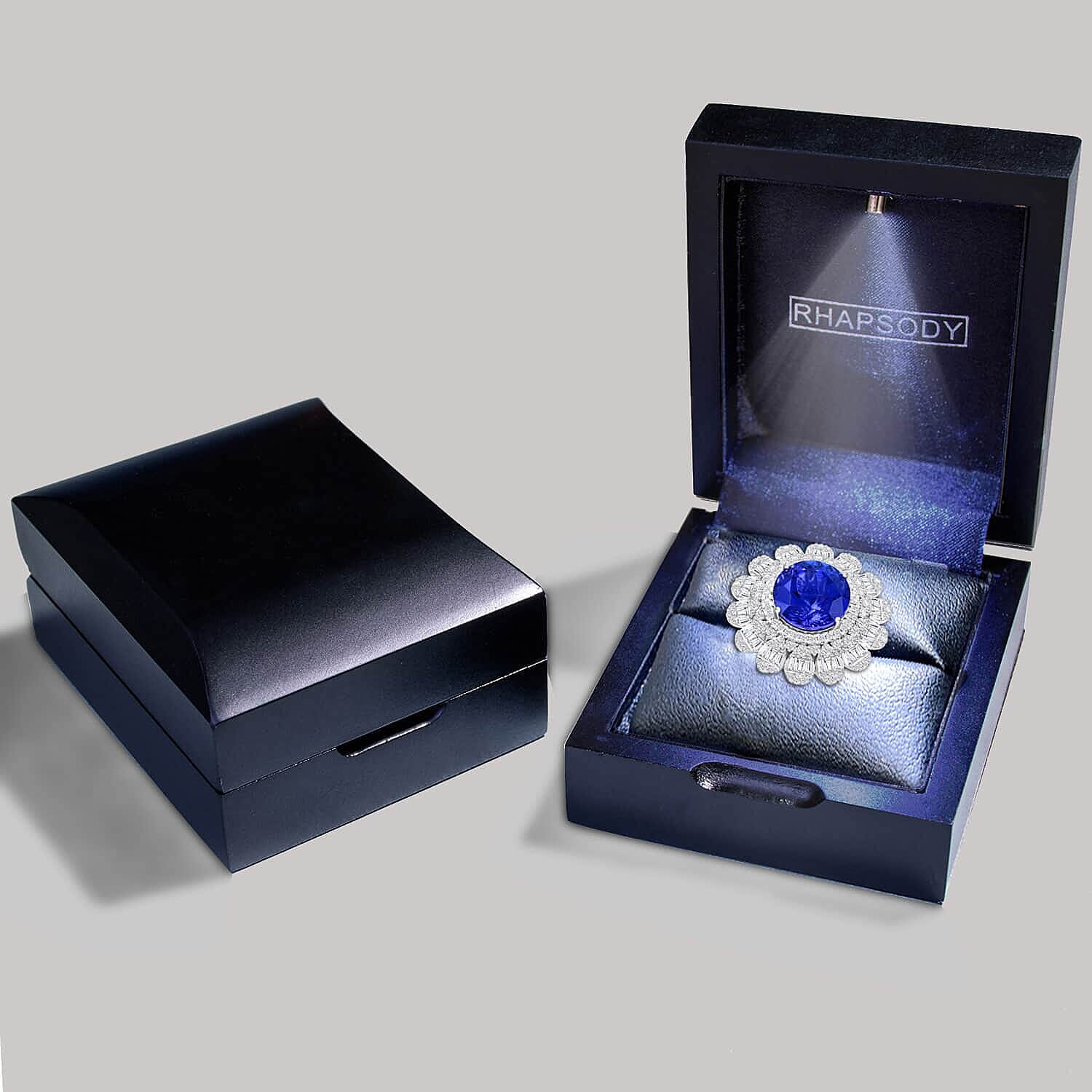 Certified and Appraised RHAPSODY 950 Platinum AGI Certified AAAA Tanzanite & (VS-E-F) White Diamond Ring 13.71 Ct, Platinum Wt. 19.00 Gms.