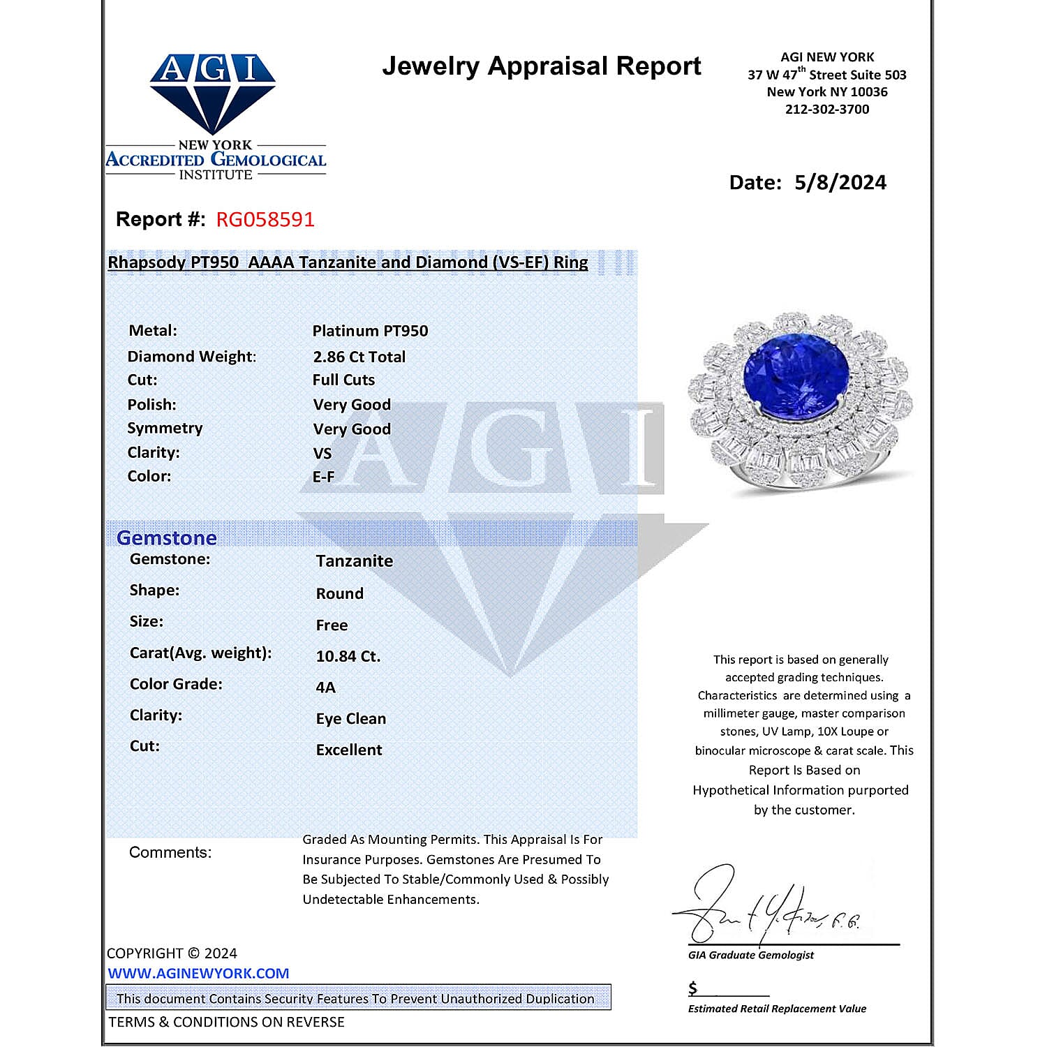 Certified and Appraised RHAPSODY 950 Platinum AGI Certified AAAA Tanzanite & (VS-E-F) White Diamond Ring 13.71 Ct, Platinum Wt. 19.00 Gms.