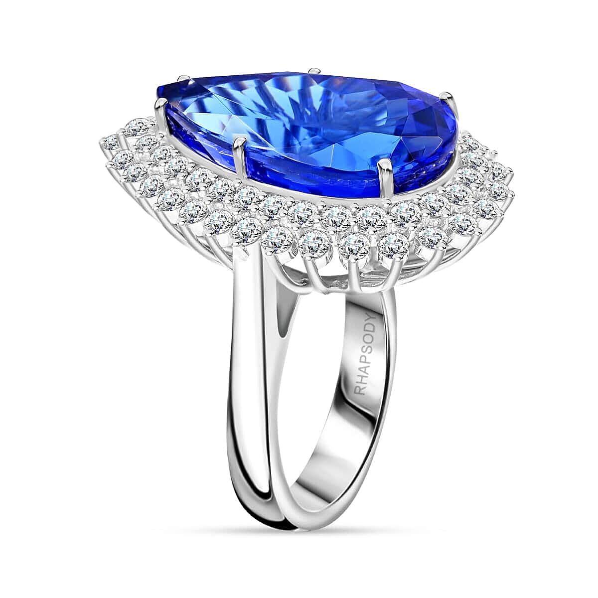 Certified and Appraised RHAPSODY 950 Platinum AAAA Tanzanite, E-F VS Diamond Halo Ring, 21.15 Ct