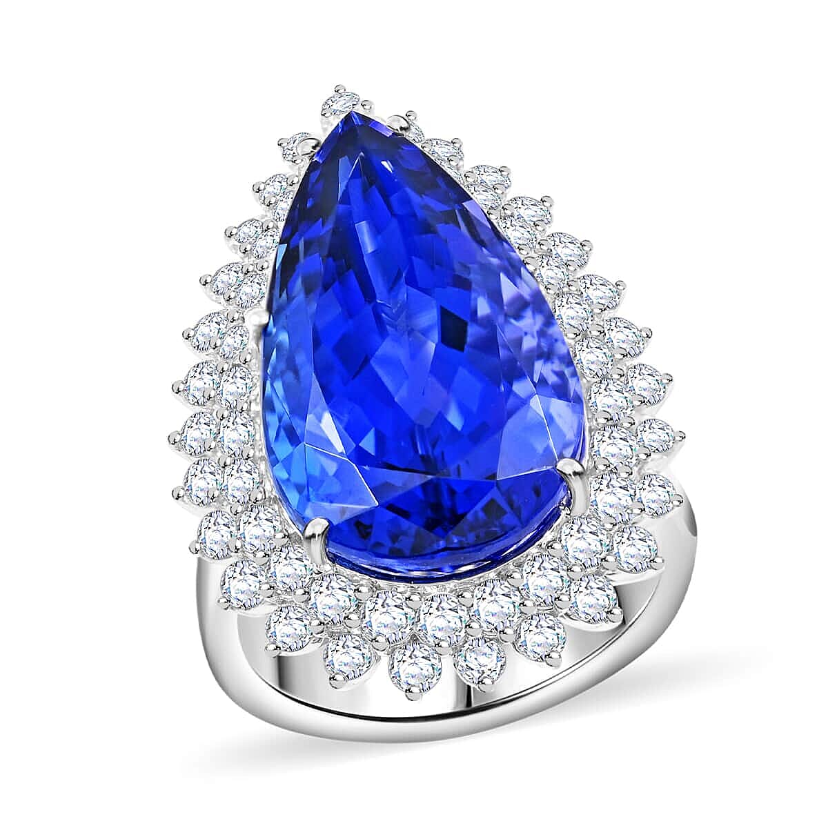 Certified and Appraised RHAPSODY 950 Platinum AAAA Tanzanite, E-F VS Diamond Halo Ring, 21.15 Ct