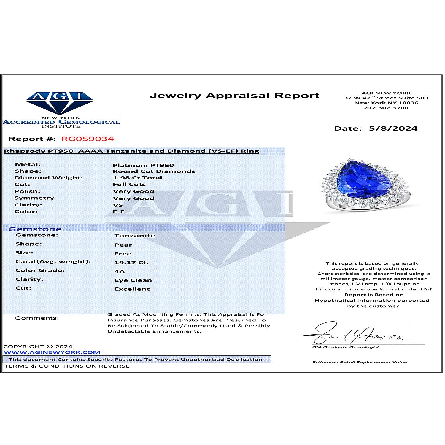 Certified and Appraised RHAPSODY 950 Platinum AAAA Tanzanite, E-F VS Diamond Halo Ring, 21.15 Ct