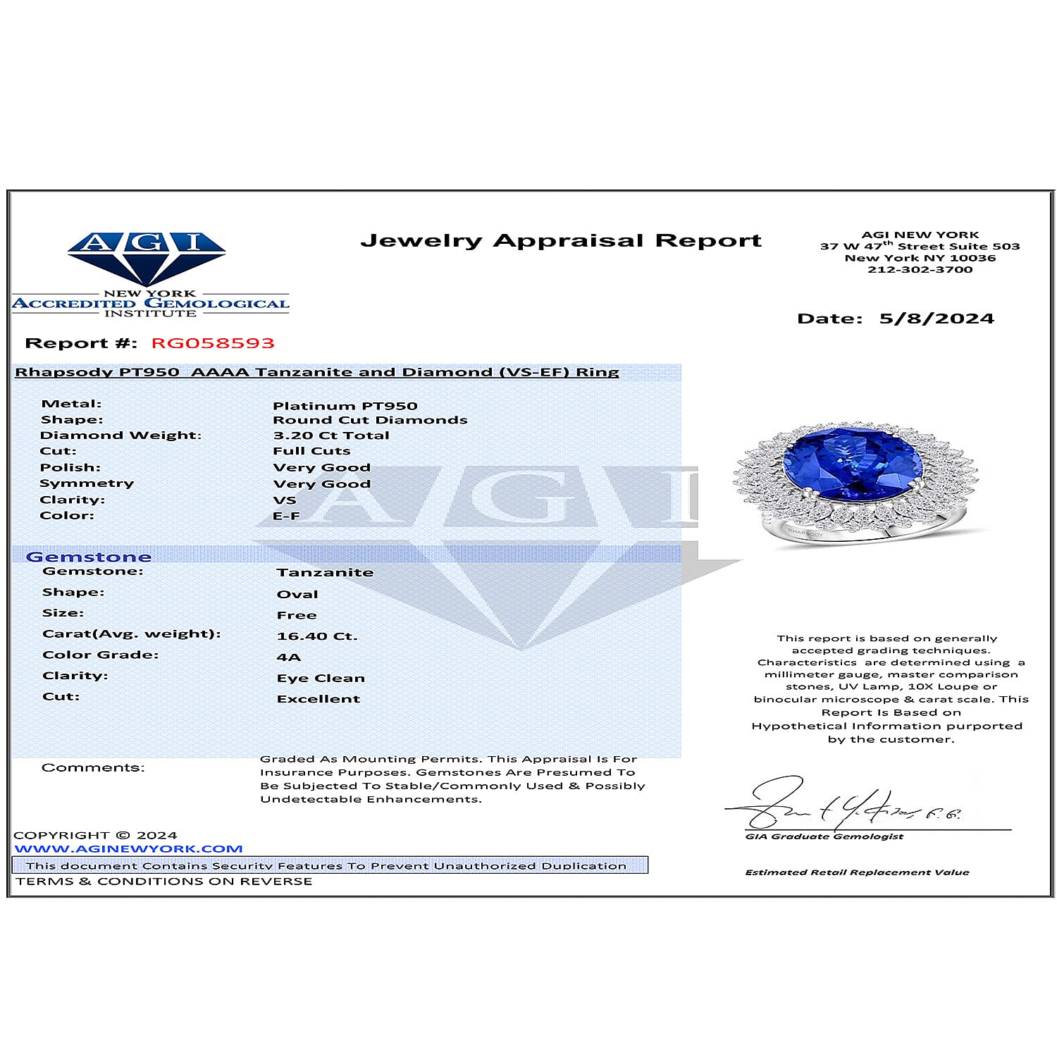 Chairmans Vault Collection - Certified & Appraised RHAPSODY 950 Platinum AAAA Tanzanite & Diamond Ring 19.60 Ct, Platinum Wt. 18.56 Gms.