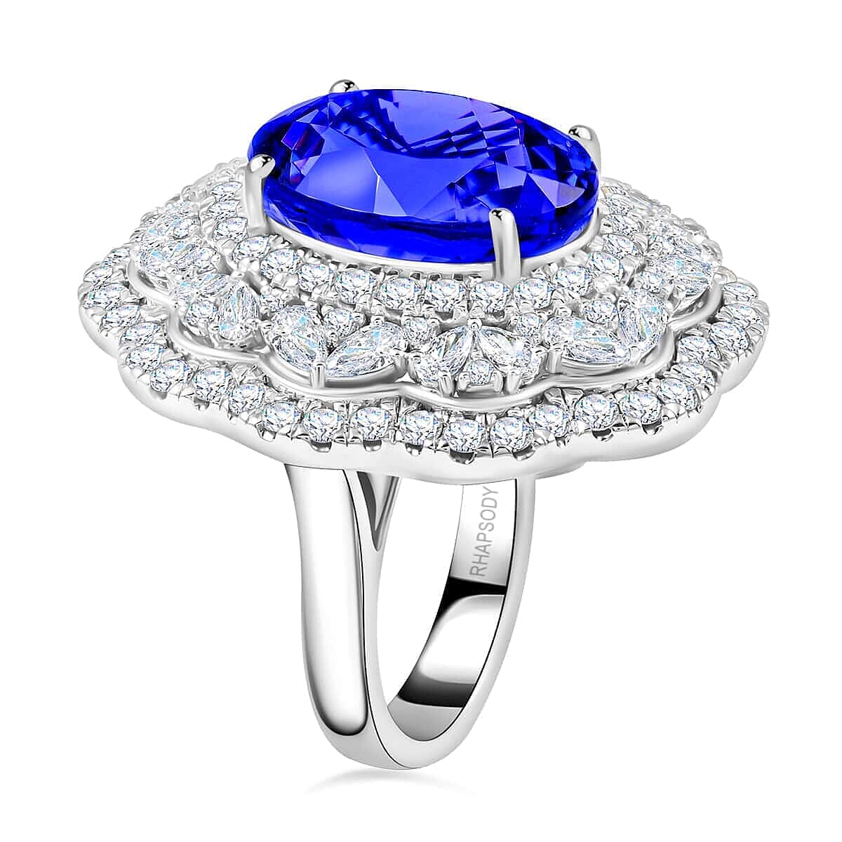 Certified and Appraised RHAPSODY 950 Platinum AAAA Tanzanite, Diamond E-F VS Halo Ring, 20.10 Ct