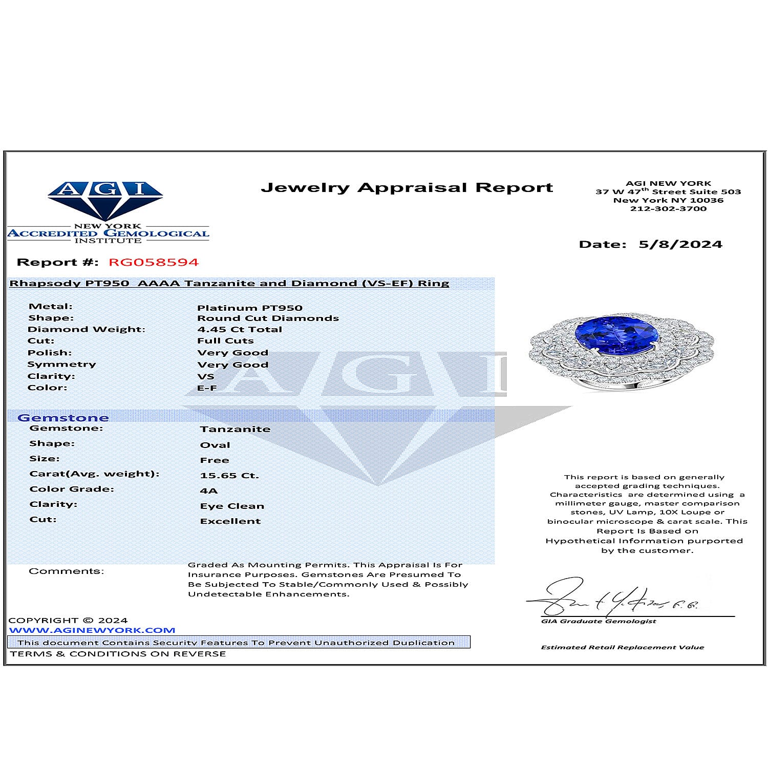 Certified and Appraised RHAPSODY 950 Platinum AAAA Tanzanite, Diamond E-F VS Halo Ring, 20.10 Ct