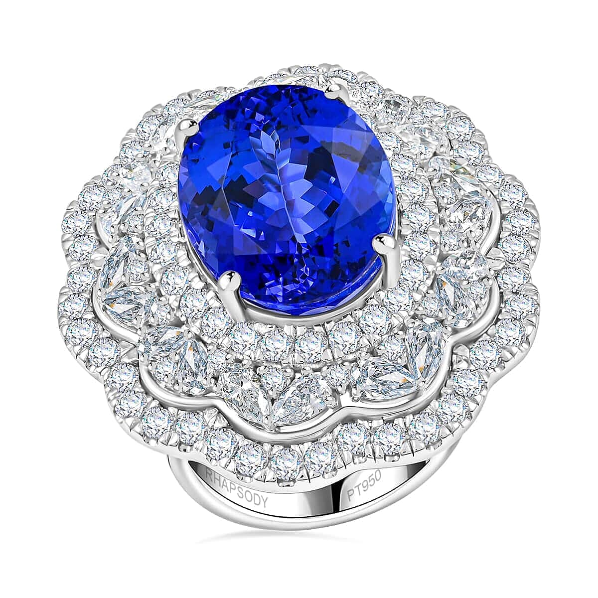 Certified and Appraised RHAPSODY 950 Platinum AAAA Tanzanite, Diamond E-F VS Halo Ring, 20.10 Ct