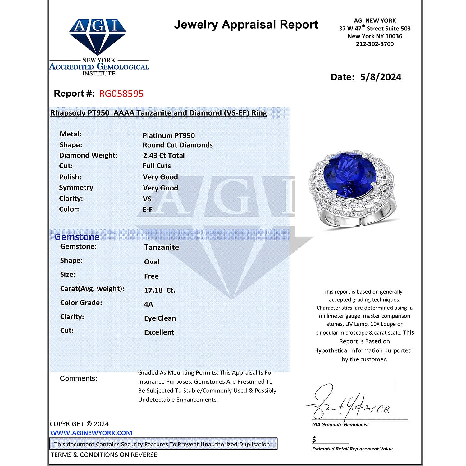 Certified and Appraised RHAPSODY 950 Platinum AAAA Tanzanite and E-F VS Diamond Ring 19.61 ct. Certified and Appraised RHAPSODY 950 Platinum AAAA Tanzanite and E-F VS Diamond Ring 19.61 ct.