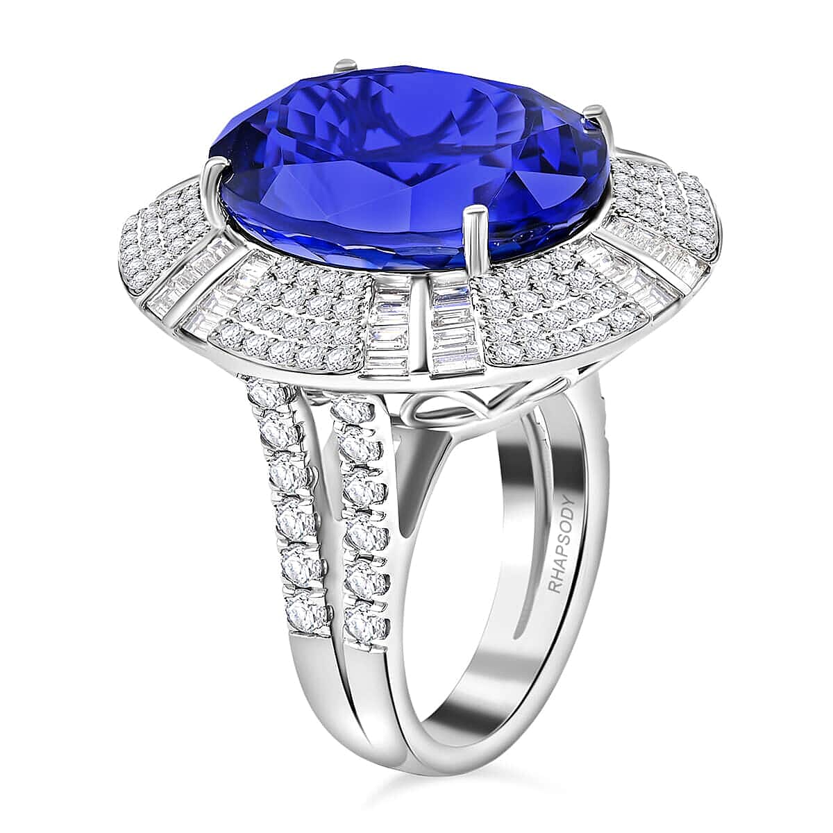 Certified and Appraised RHAPSODY 950 Platinum AAAA Tanzanite and E-F VS Diamond Ring 27.15 ct.