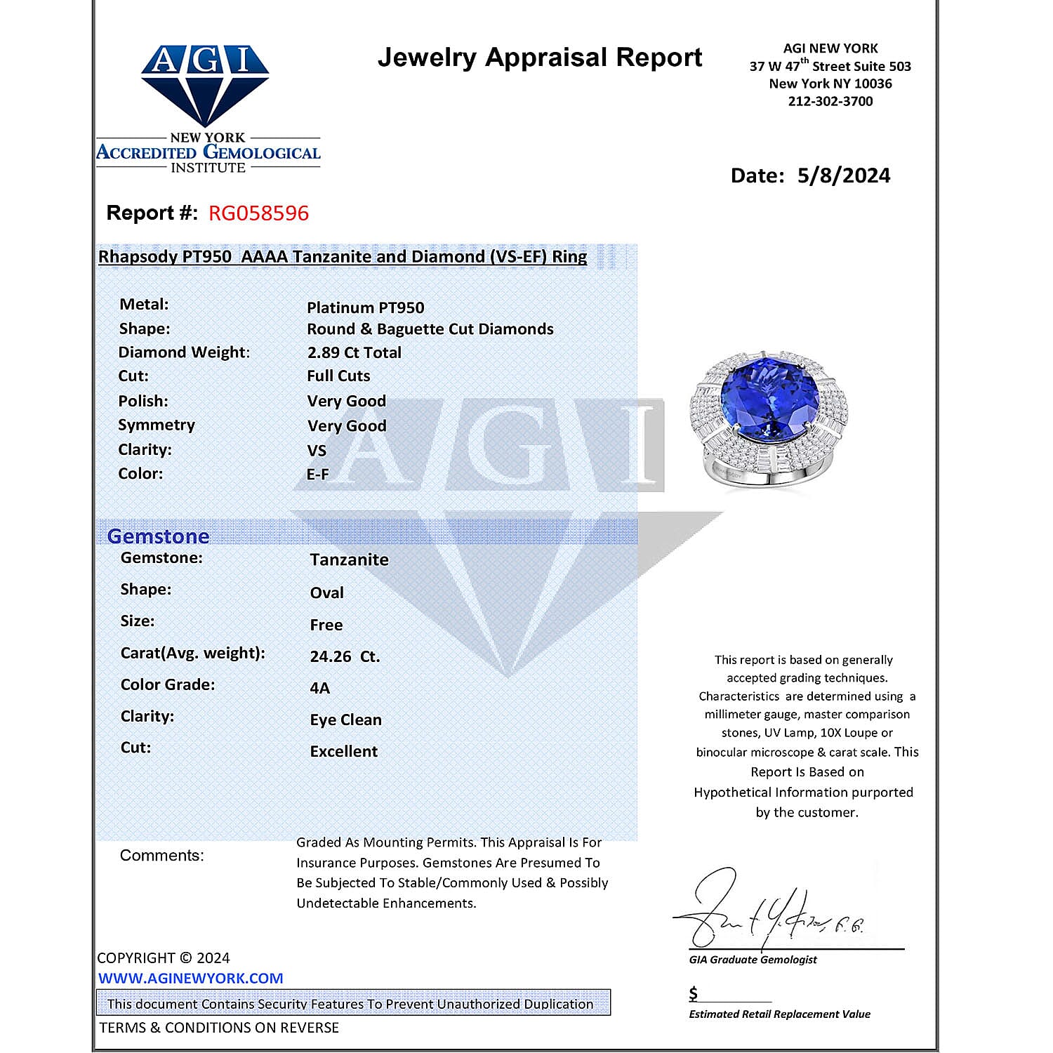 Certified and Appraised RHAPSODY 950 Platinum AAAA Tanzanite and E-F VS Diamond Ring 27.15 ct.