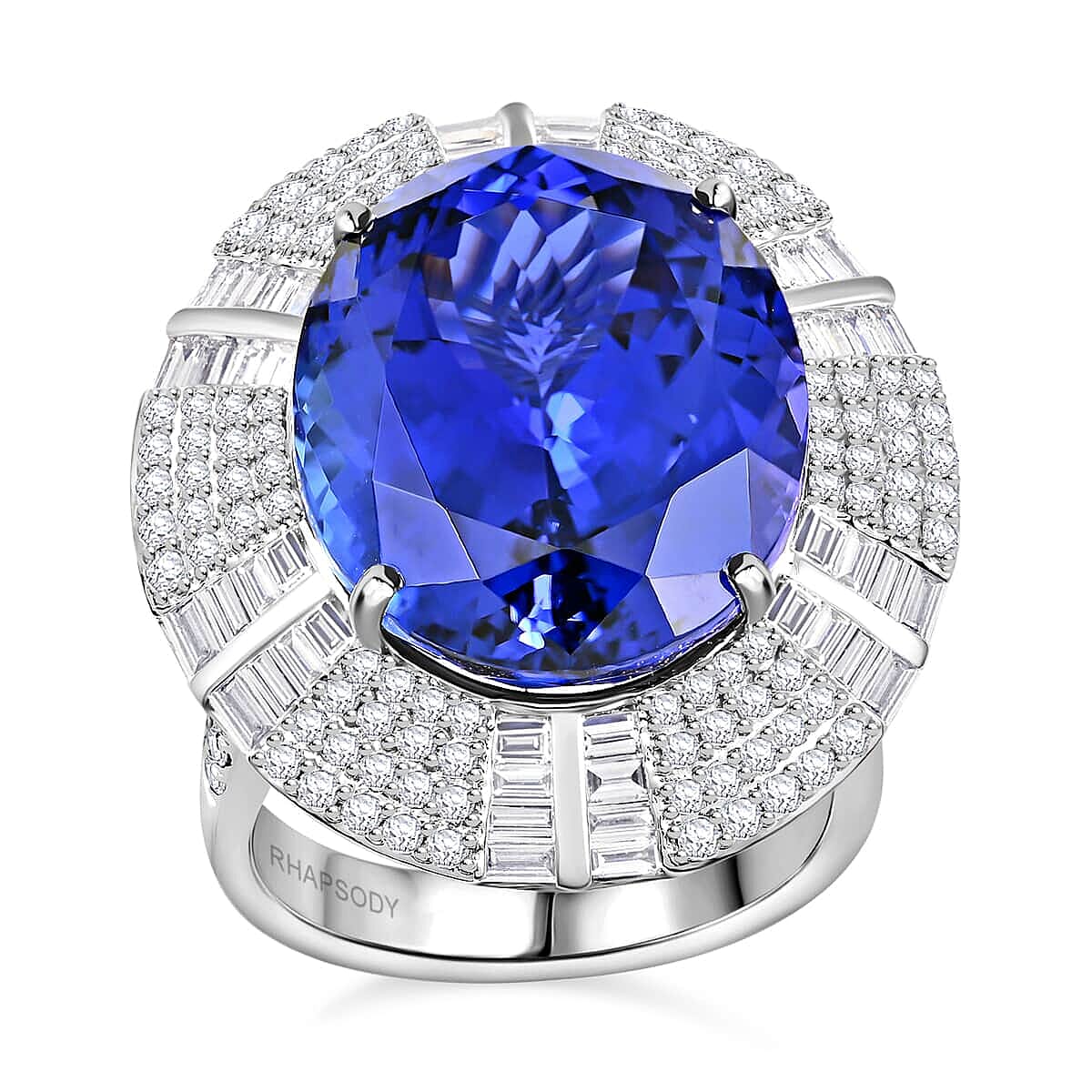 Certified and Appraised RHAPSODY 950 Platinum AAAA Tanzanite and E-F VS Diamond Ring 27.15 ct.