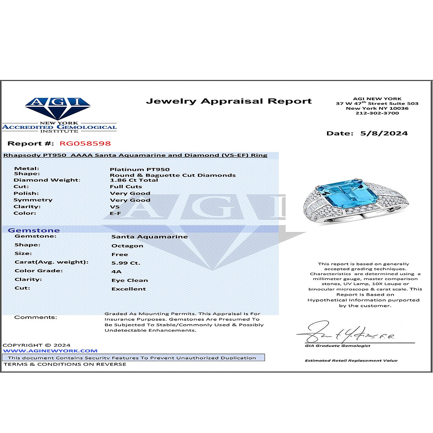 Certified and Appraised RHAPSODY 950 Platinum AAAA Santa Maria Aquamarine, Diamond Ring 7.85 Ct