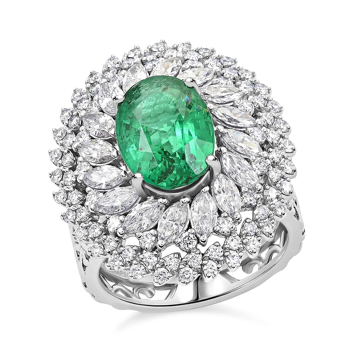 Certified and Appraised RHAPSODY 950 Platinum AAAA Kagem Zambian Emerald, Diamond Ring 5.45 Ct