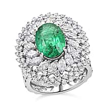 Chairman Vault Collection - Certified and Appraised RHAPSODY 950 Platinum AAAA Kagem Zambian Emerald and E-F VS Diamond Floral Ring  5.45 Ct