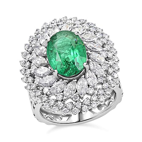 Certified and Appraised RHAPSODY 950 Platinum AAAA Kagem Zambian Emerald, Diamond Ring 5.45 Ct