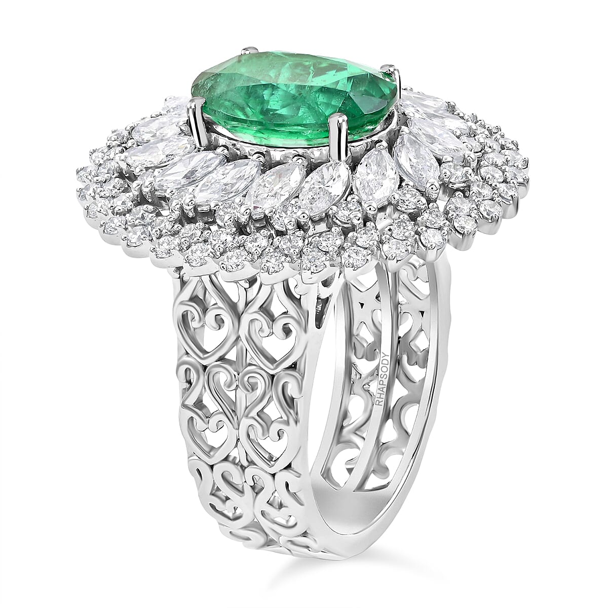 Certified and Appraised RHAPSODY 950 Platinum AAAA Kagem Zambian Emerald, Diamond Ring 5.45 Ct