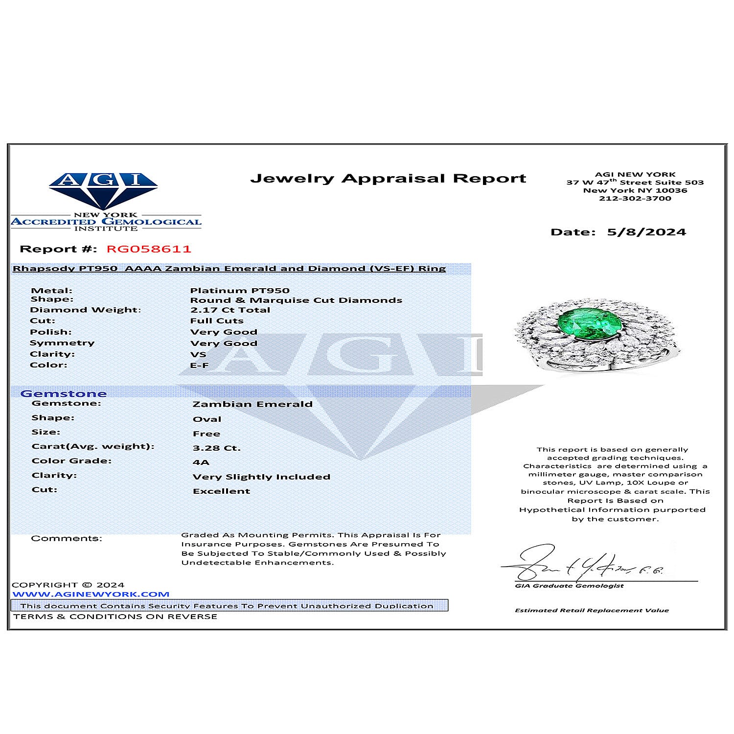 Certified and Appraised RHAPSODY 950 Platinum AAAA Kagem Zambian Emerald, Diamond Ring 5.45 Ct