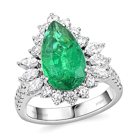 950 Platinum  AAAA  Zambian Emerald   White Diamond  VS Ring 5.26 ct,  Platinum Wt. 10.41 Gms  5.260  Ct.
