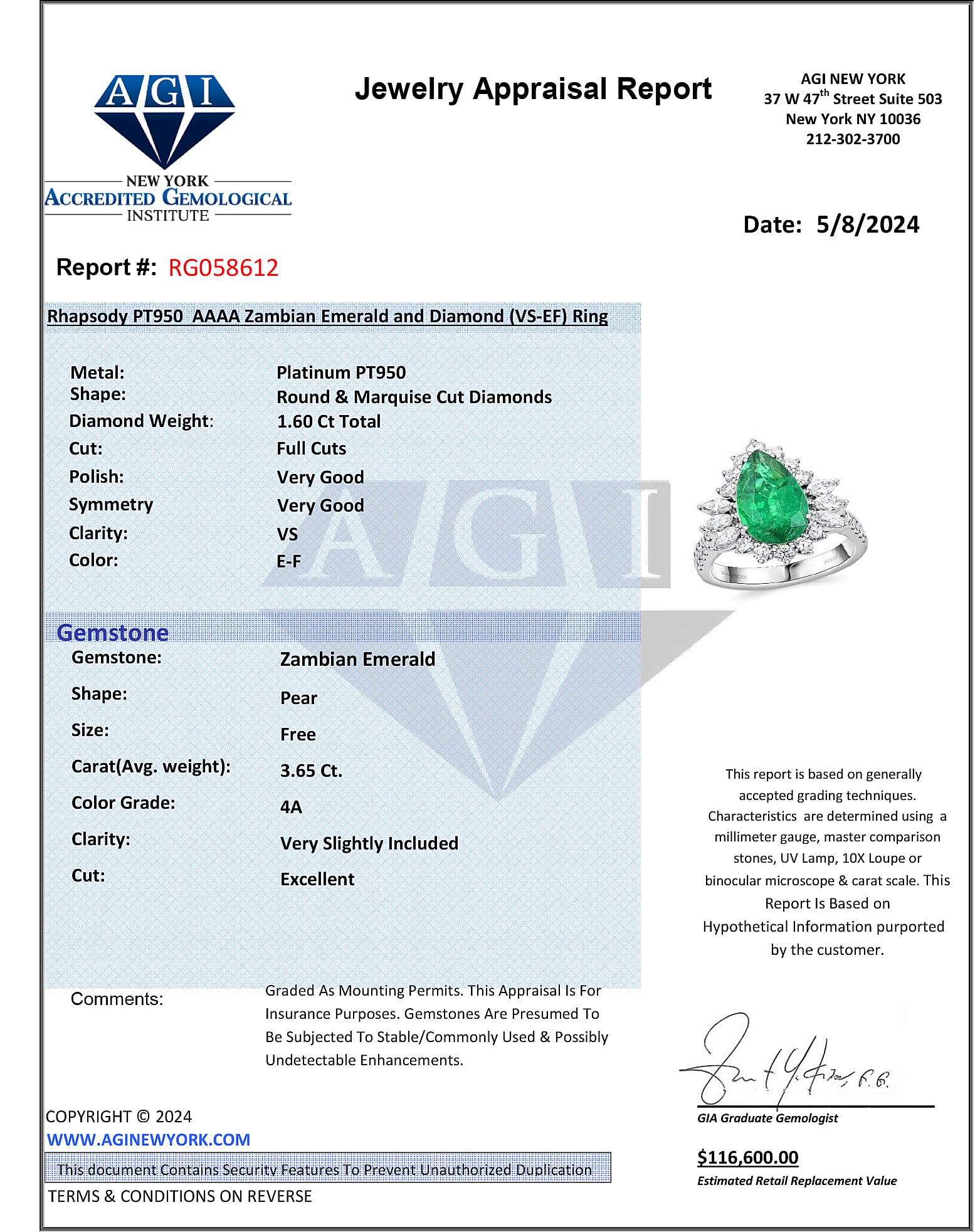 950 Platinum  AAAA  Zambian Emerald   White Diamond  VS Ring 5.26 ct,  Platinum Wt. 10.41 Gms  5.260  Ct.