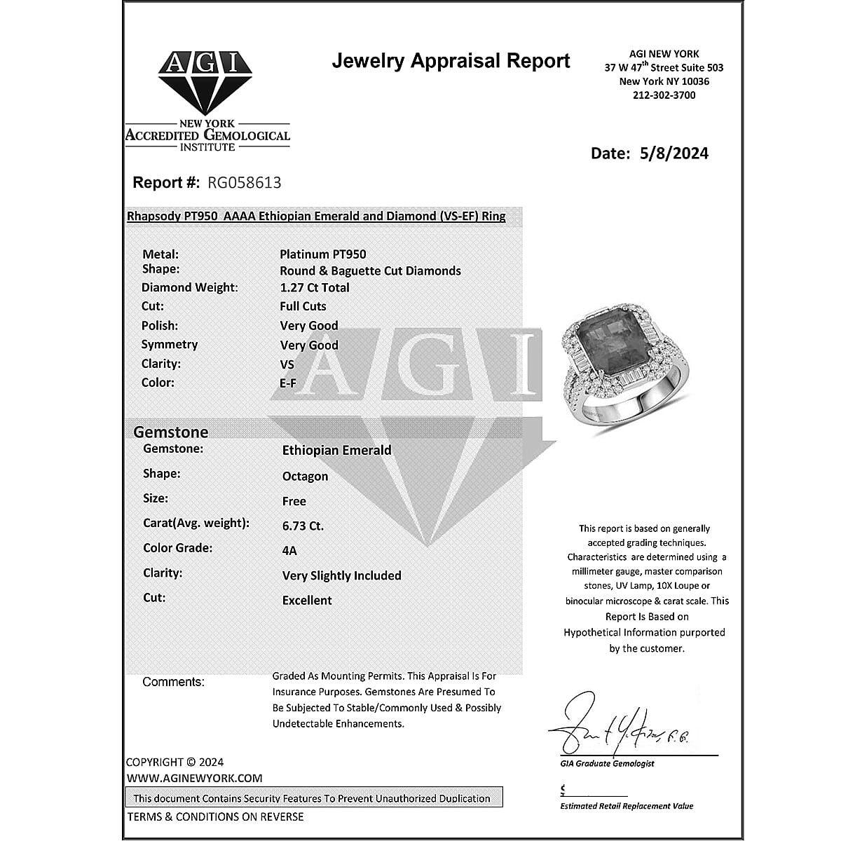 950 Platinum  AAAA  Ethiopian Emerald   White Diamond  VS Ring 7.99 ct,  Platinum Wt. 11.92 Gms  7.990  Ct.