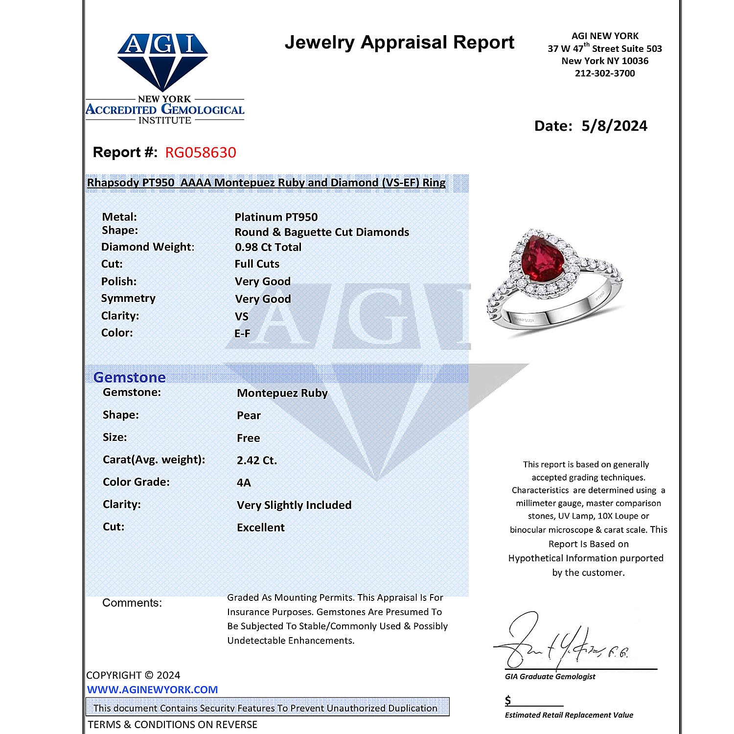 Certified and Appraised RHAPSODY 950 Platinum AAAA Montepuez Ruby, White Diamond VS Ring 3.40 Ct.