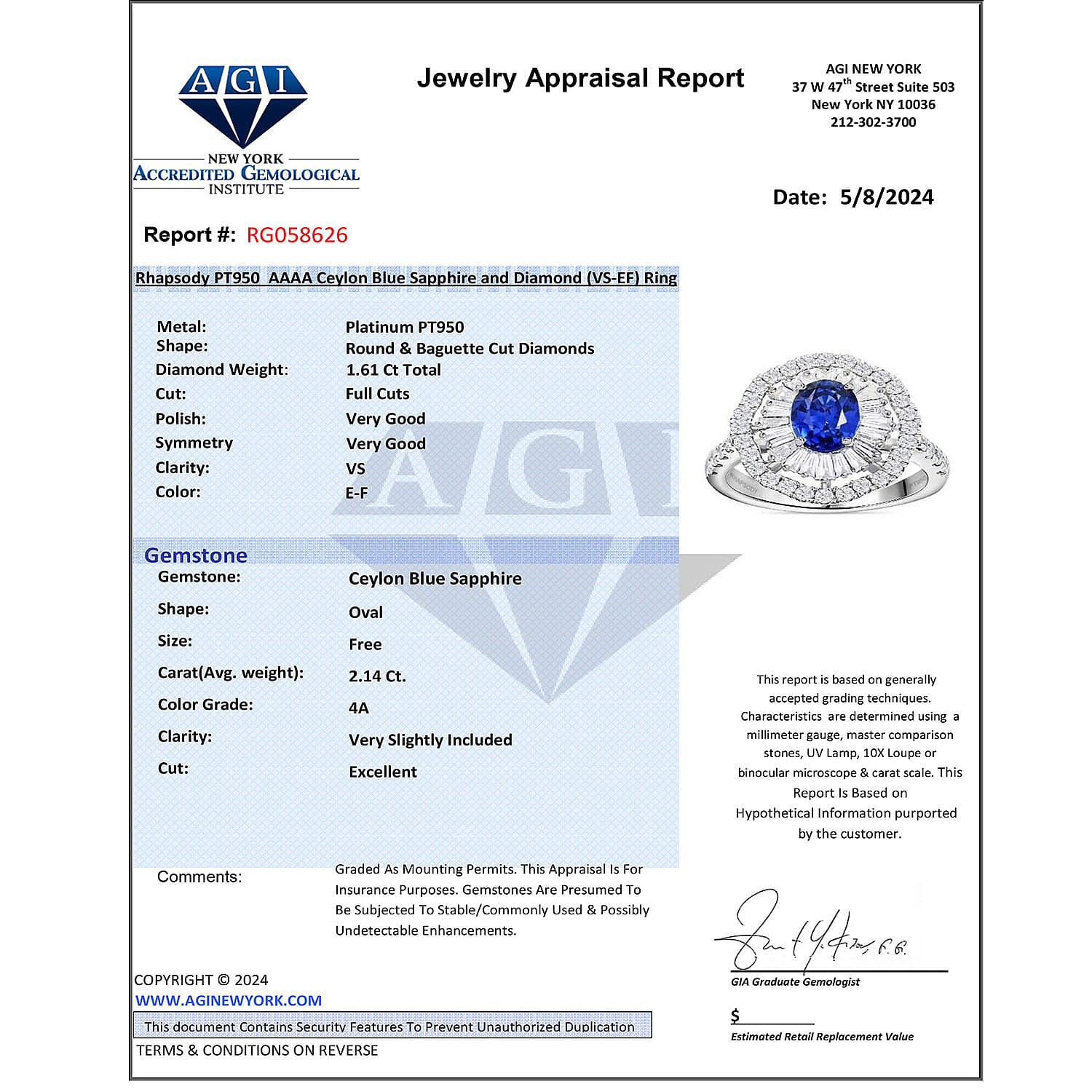 Certified and Appraised RHAPSODY 950 Platinum AAAA Blue Ceylon Sapphire, Diamond Ring 3.75 Ct.
