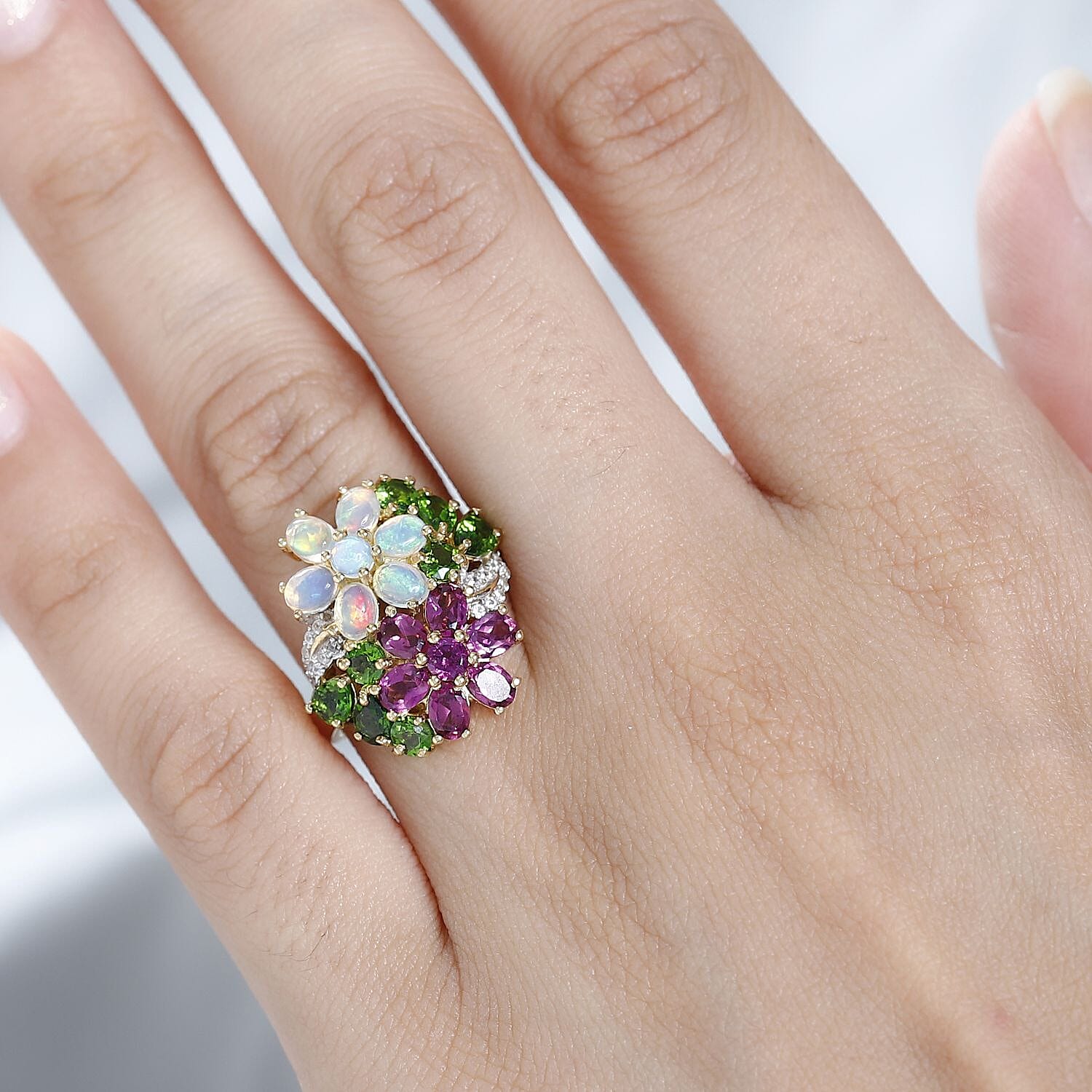Ethiopian Welo Opal, Rhodolite Garnet, Chrome Diopside & Zircon Floral Ring in 18K Gold Vermeil Plated Sterling Silver 3.50 Ct