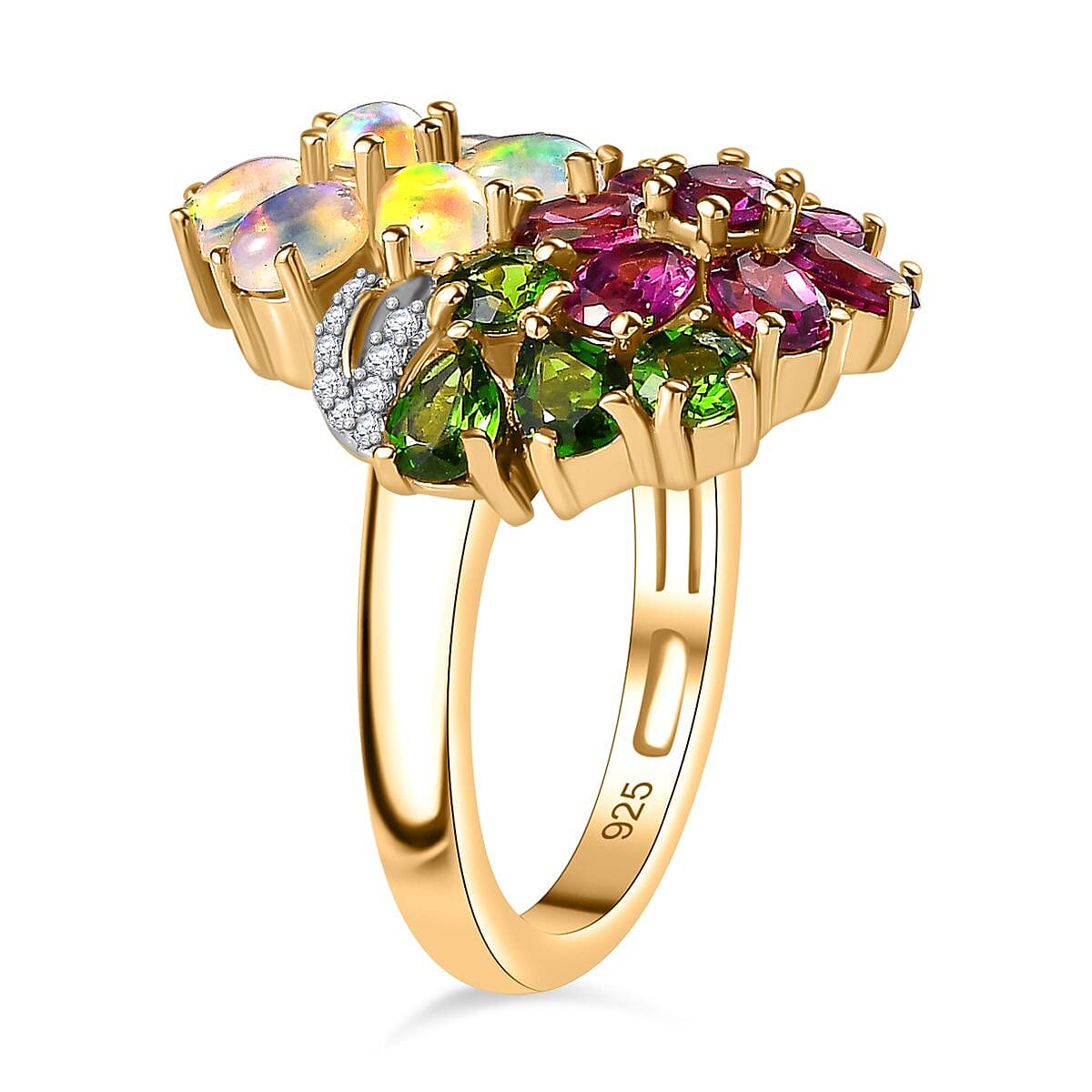 Ethiopian Welo Opal, Rhodolite Garnet, Chrome Diopside & Zircon Floral Ring in 18K Gold Vermeil Plated Sterling Silver 3.50 Ct