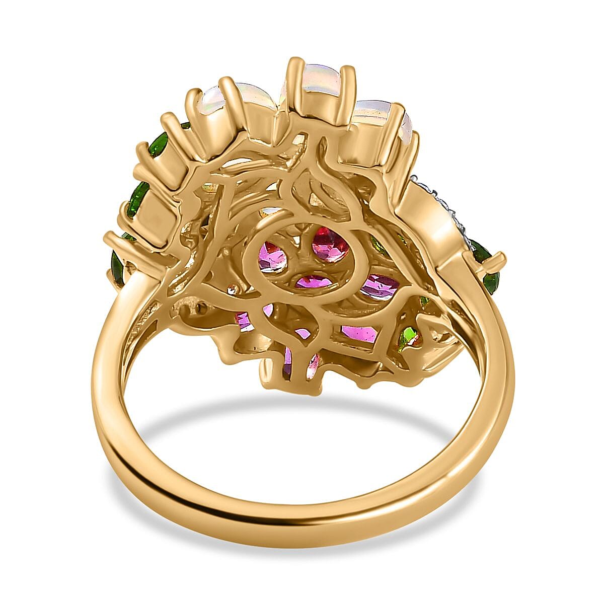 Ethiopian Welo Opal, Rhodolite Garnet, Chrome Diopside & Zircon Floral Ring in 18K Gold Vermeil Plated Sterling Silver 3.50 Ct