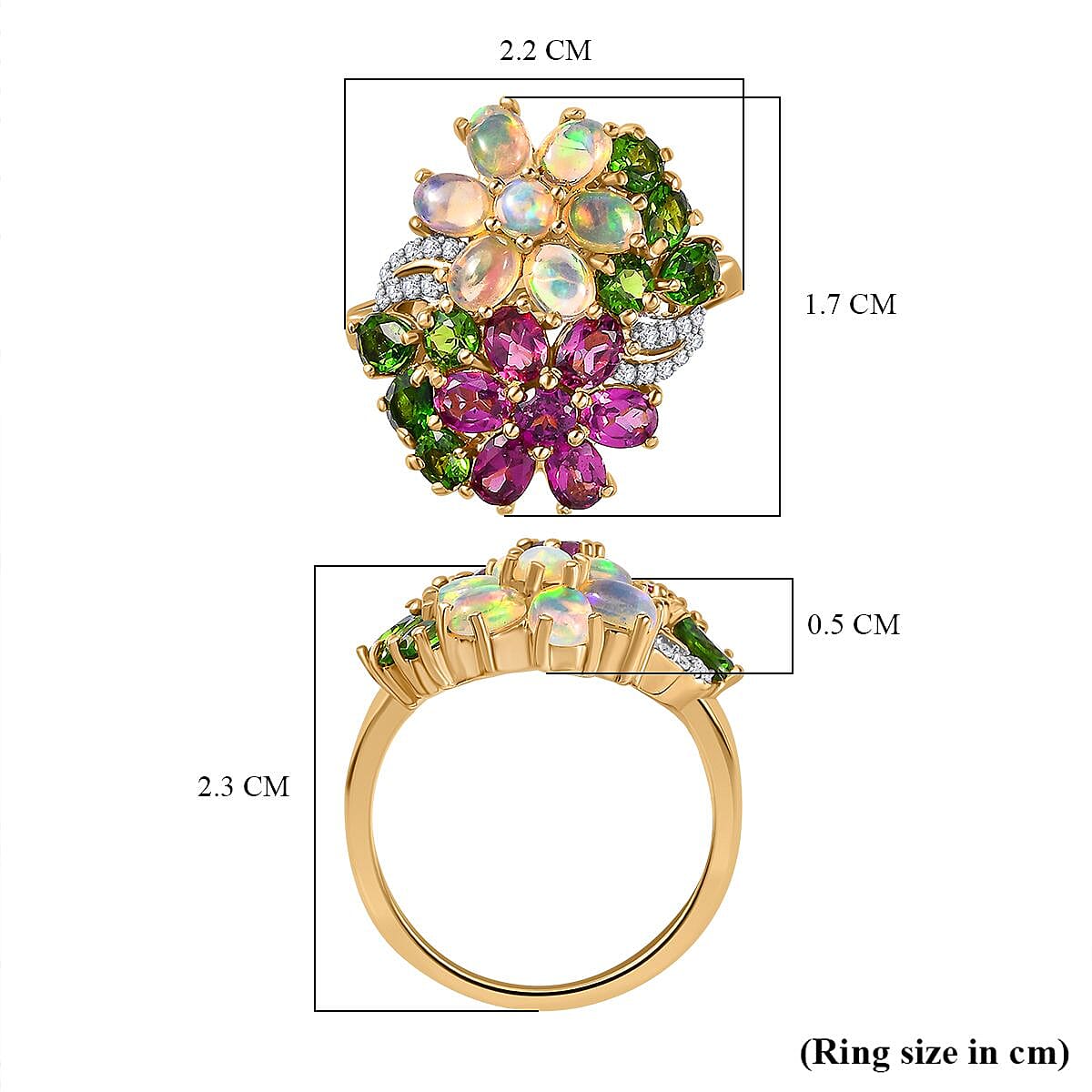 Ethiopian Welo Opal, Rhodolite Garnet, Chrome Diopside & Zircon Floral Ring in 18K Gold Vermeil Plated Sterling Silver 3.50 Ct