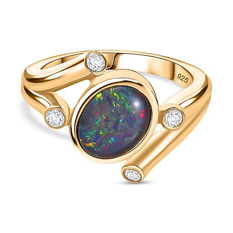 Boulder Opal Triplet & Natural Zircon Ring in 18K Gold Vermeil Plated Sterling Silver 1.43 Ct.