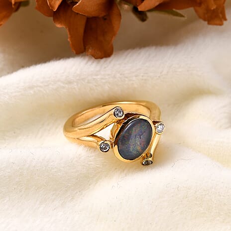 Boulder Opal Triplet & Natural Zircon Ring in 18K Gold Vermeil Plated Sterling Silver 1.43 Ct.
