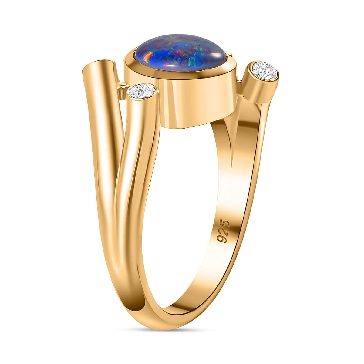 Boulder Opal Triplet & Natural Zircon Ring in 18K Gold Vermeil Plated Sterling Silver 1.43 Ct.