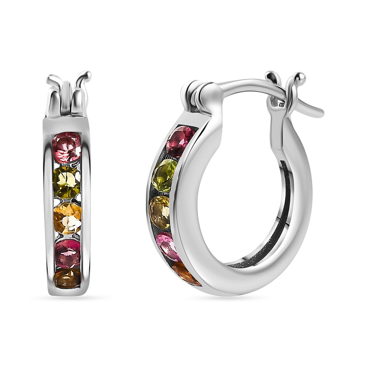 Multi-Tourmaline Hoop Earrings in Platinum Overlay Sterling Silver