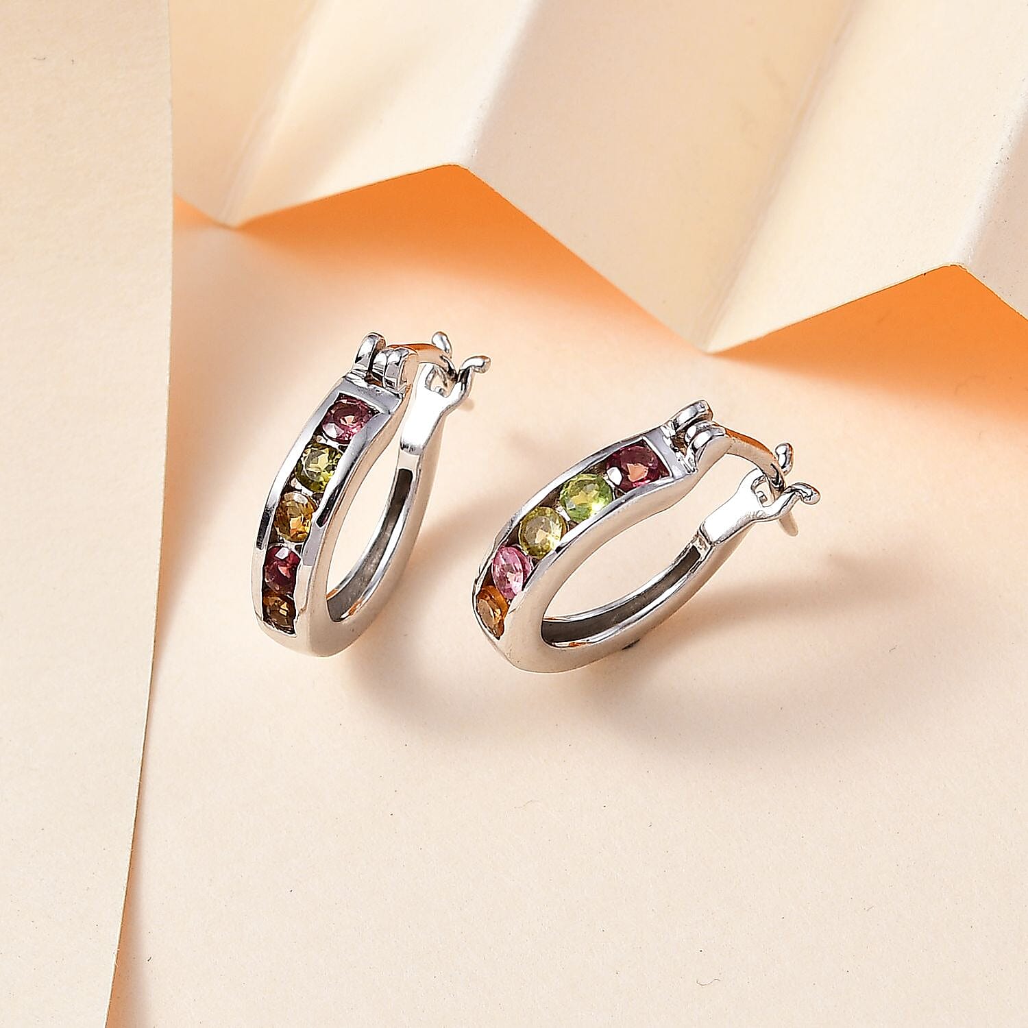 Multi-Tourmaline Hoop Earrings in Platinum Overlay Sterling Silver