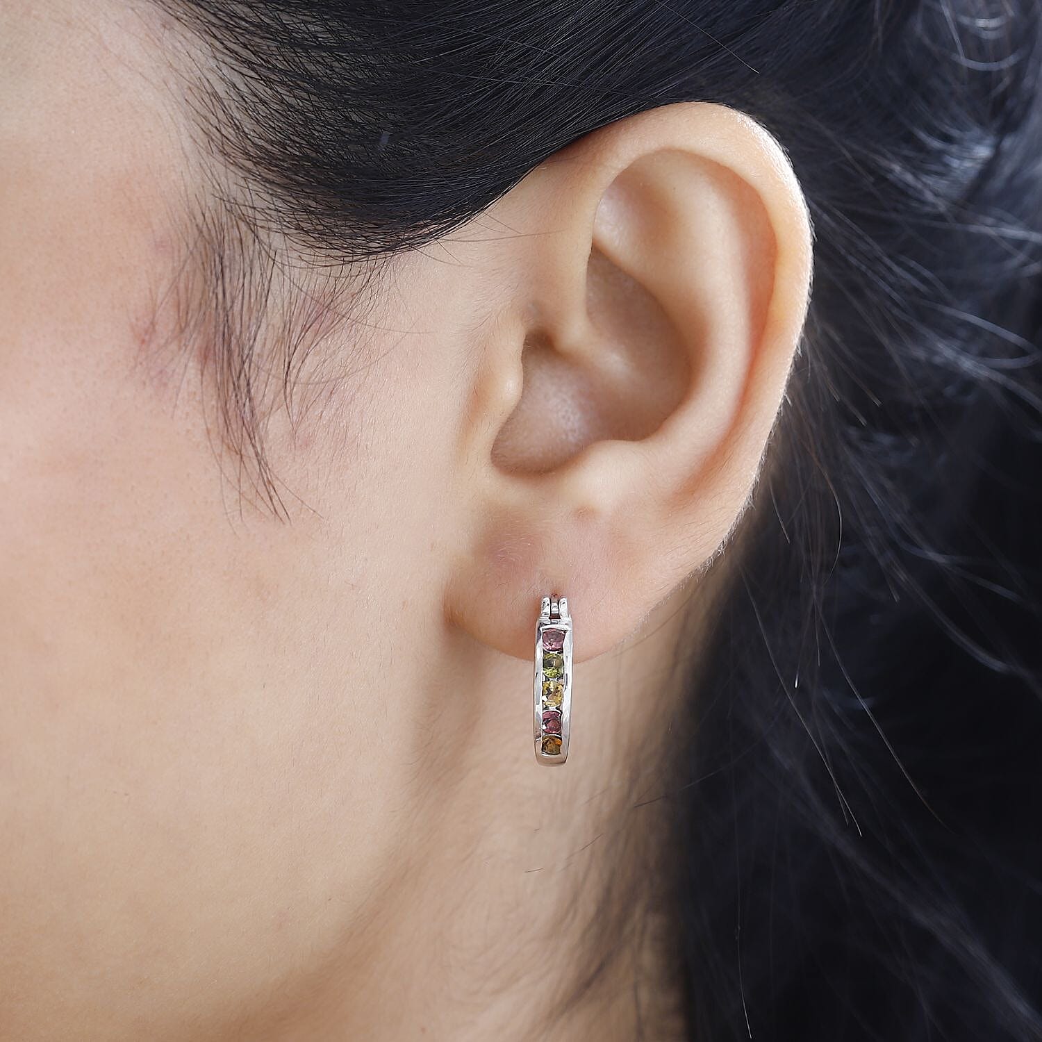 Multi-Tourmaline Hoop Earrings in Platinum Overlay Sterling Silver