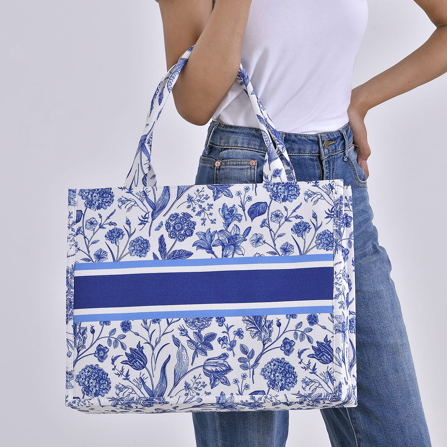 Designer Inspired Closeout - Floral Pattern Tote Bag with Handle Drop - Blue Floral