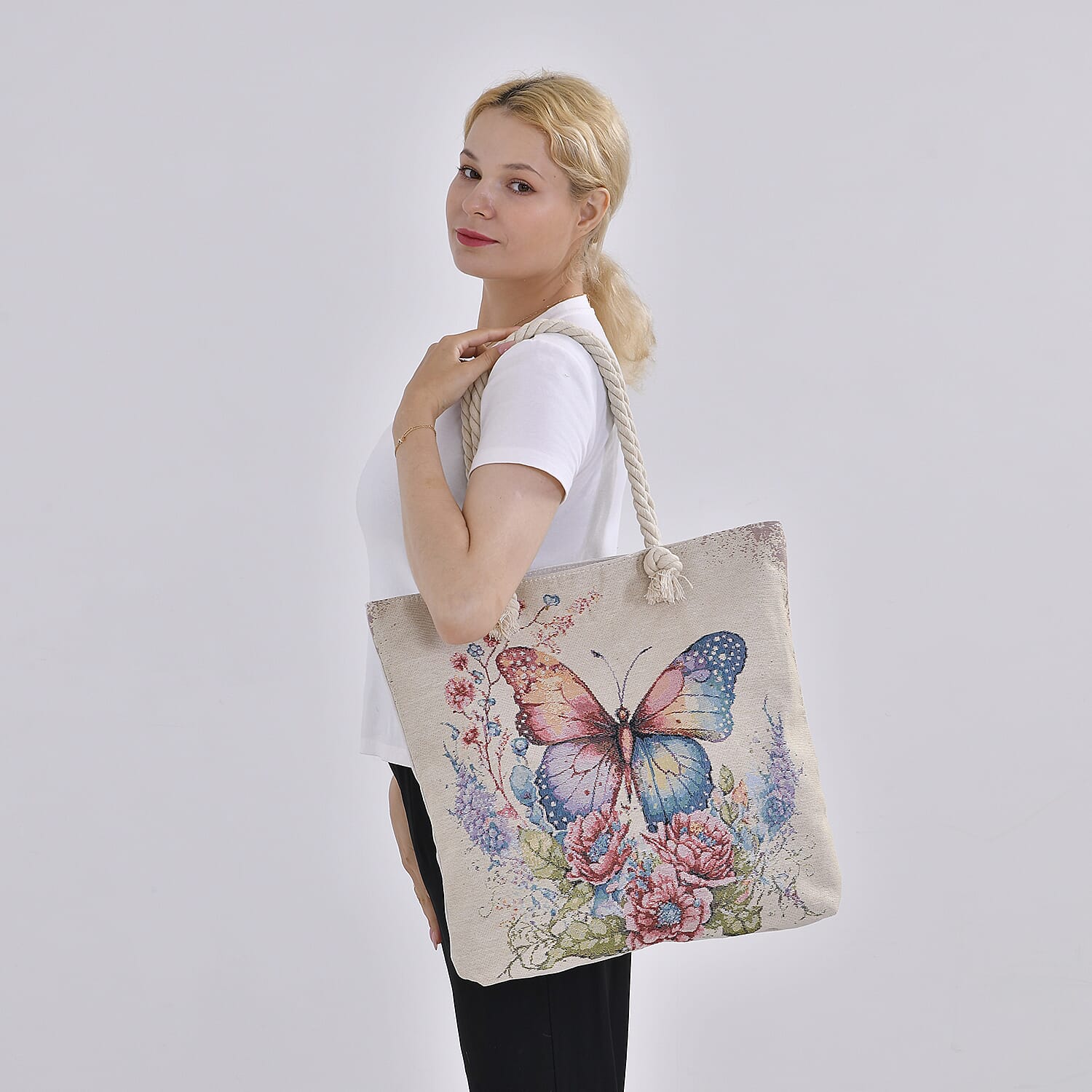 Jute Butterfly Printed Tote Bag with Long Handle Drop - Pink